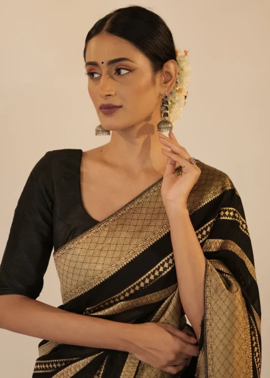Black Georgette Silk Saree with Antique Gold Zari Weaves