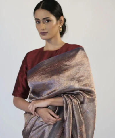 Blue Printed Handwoven Tissue Silk Saree