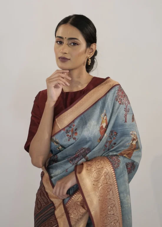Blue Printed Dola Silk Saree