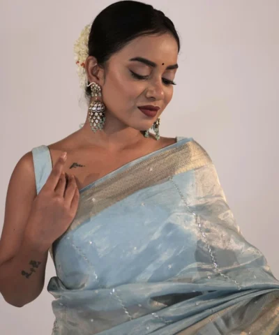 Blue Handloom Organza Silk Saree Highlighted with Kanchi Zari Border and Sequins Embroidery all over