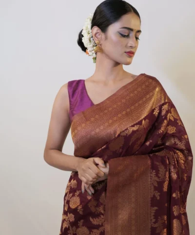 Burgundy Georgette Saree with Gold Zari Weaves