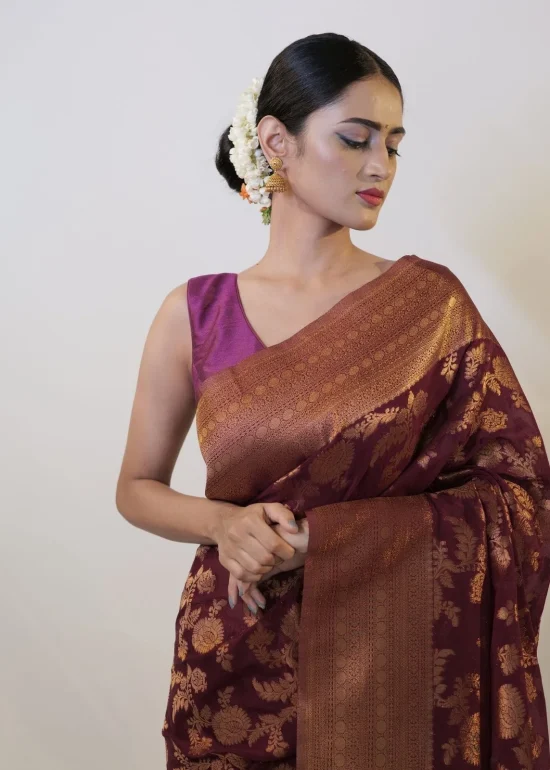 Burgundy Georgette Saree with Gold Zari Weaves