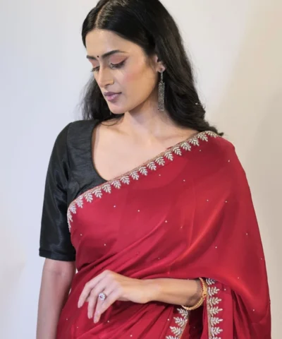 Red Crepe Silk Saree embellished with Stones
