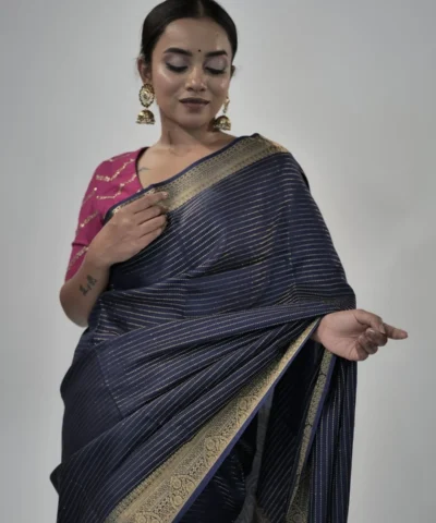 Navyblue Chiffon Saree with Gold Zari Stripes