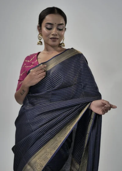 Navyblue Chiffon Saree with Gold Zari Stripes