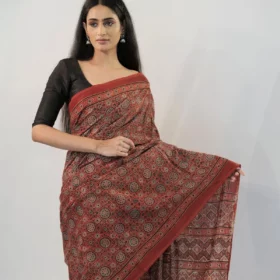 Maroon Ajrakh Block Printed Cotton Saree