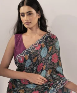 Blue Crepe Silk Saree with Mirror Embroidery
