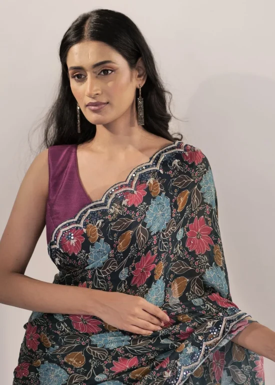 Blue Crepe Silk Saree with Mirror Embroidery