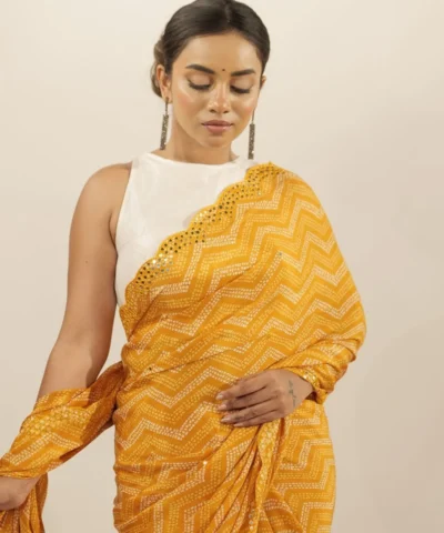 Sunset Yellow Crepe Silk Saree with Mirror Embroidery