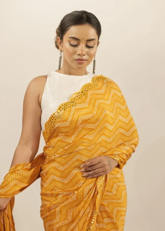Sunset Yellow Crepe Silk Saree with Mirror Embroidery