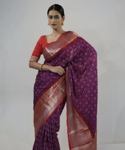 Magenta Banarasi Bandhini Silk Saree with Kanchi Silk Zari Border