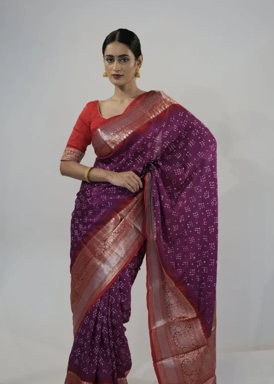 Magenta Banarasi Bandhini Silk Saree with Kanchi Silk Zari Border