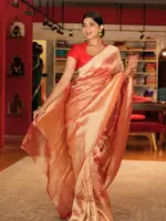 Red Tissue Silk Saree with Gold Zari Weaves - Image 4
