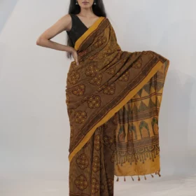 Mustard Ajrakh Block Printed Cotton Saree