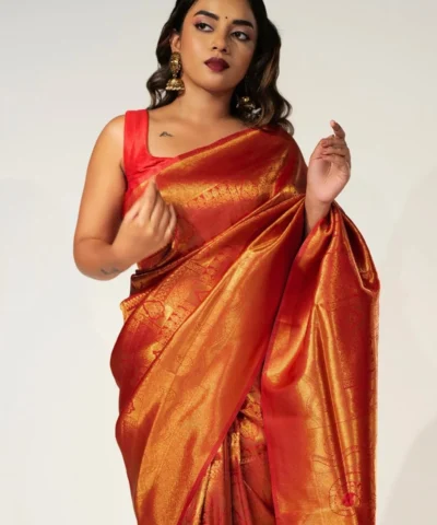 Chilli Red Banarasi Silk Saree with Gold Zari Weaves