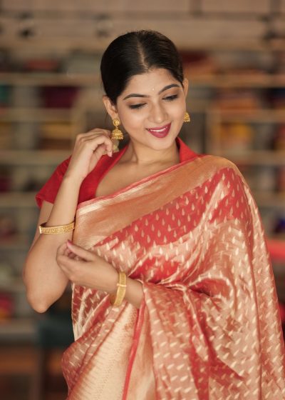 Red Tissue Silk Saree with Gold Zari Weaves