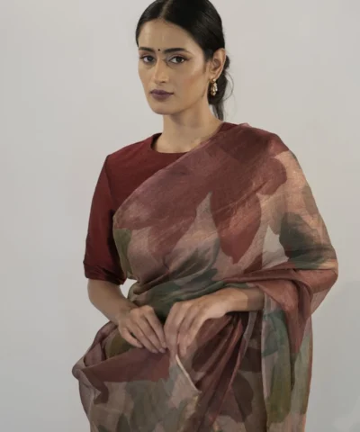 Maroon Floral Printed Handwoven Tissue Silk Saree
