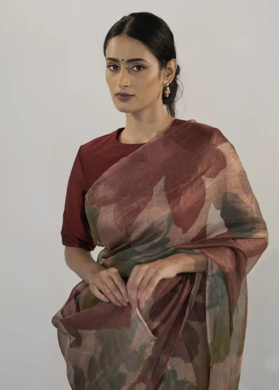 Maroon Floral Printed Handwoven Tissue Silk Saree
