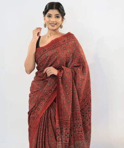 Maroon Ajrakh Block Printed Cotton Saree