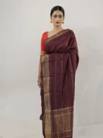 Burgundy Chiffon Saree with Gold Zari Weaves - Image 4