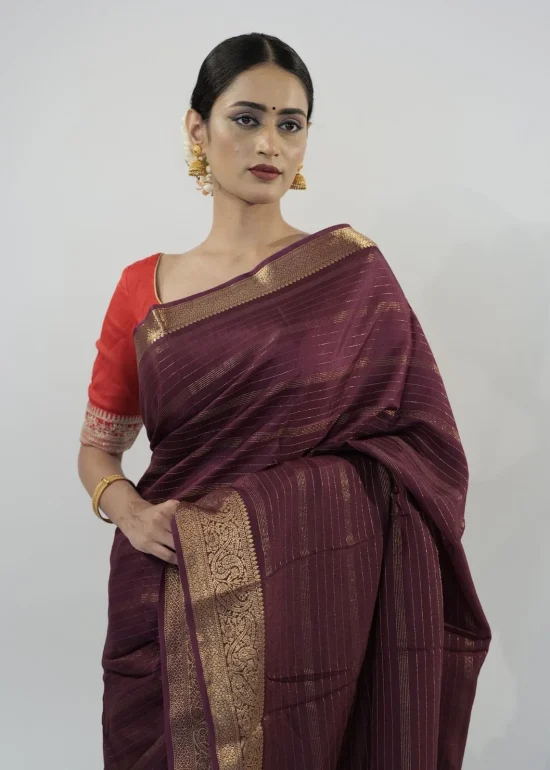 Burgundy Chiffon Saree with Gold Zari Weaves