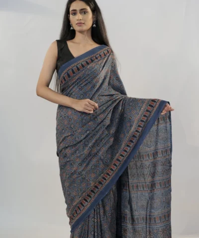 Indigo Blue Ajrakh Block Printed Cotton Saree