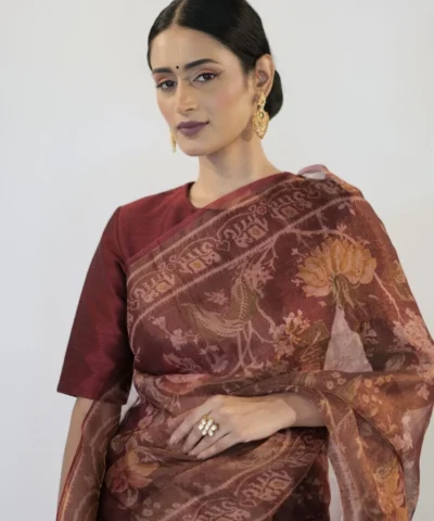 Maroon Printed Handwoven Tissue Silk Saree