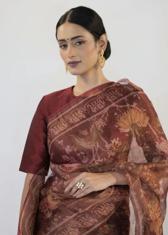 Maroon Printed Handwoven Tissue Silk Saree