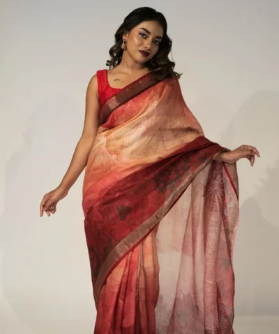 Scarlet Red Printed Linen Saree adorned with Zari Weaves More Details