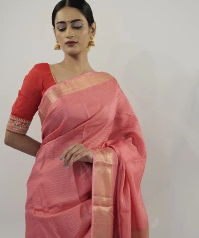 Peach Chiffon Saree with Gold Zari Stripes