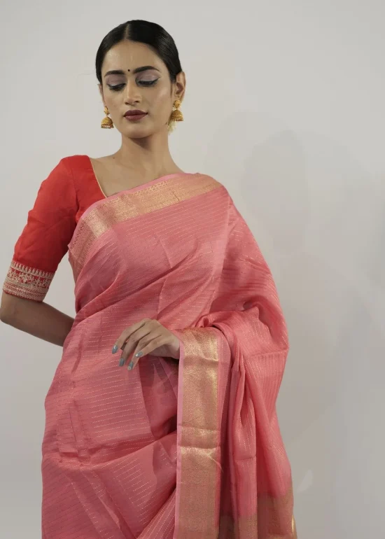 Peach Chiffon Saree with Gold Zari Stripes