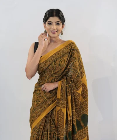 Mustard Ajrakh Block Printed Cotton Saree
