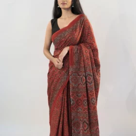 Maroon  Ajrakh Block Printed Cotton Saree