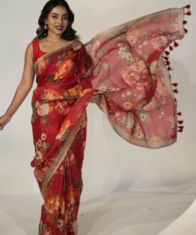 Red Printed Linen Saree adorned with Zari Weaves More Details