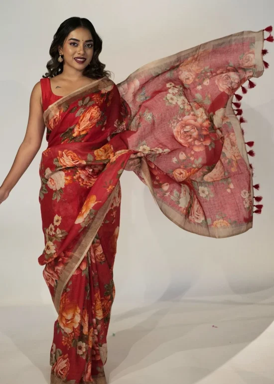 Red Printed Linen Saree adorned with Zari Weaves More Details