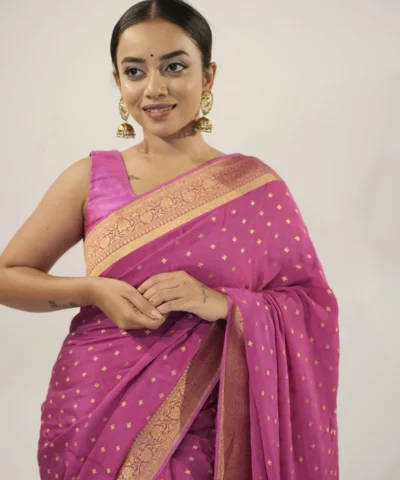 Magenta Crepe Silk Saree with Gold Zari Buttis