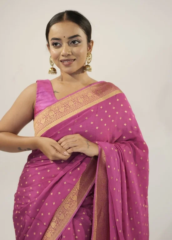 Magenta Crepe Silk Saree with Gold Zari Buttis