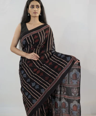 Black Ajrakh Block Printed Cotton Saree