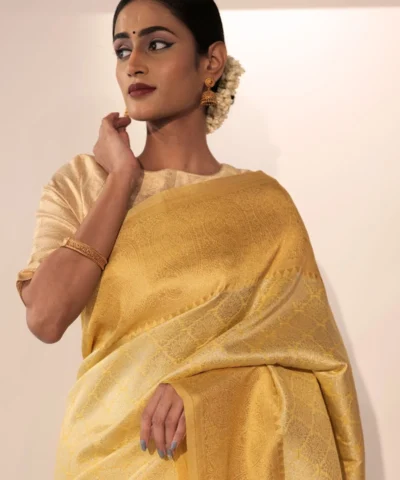 Butter Yellow Banarasi Silk Saree with Gold Zari Weaves