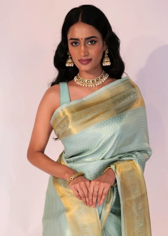 Pastel Blue Banarasi Soft Silk Saree with Gold Zari Border