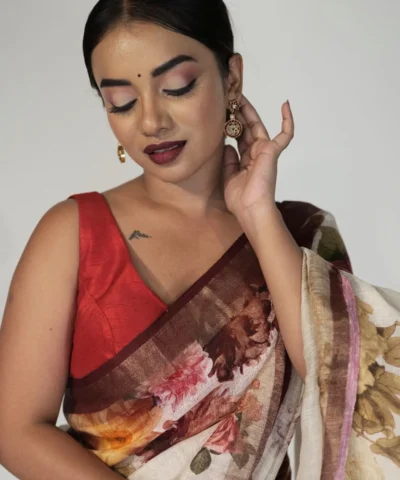 Off white Digital Printed Linen Saree