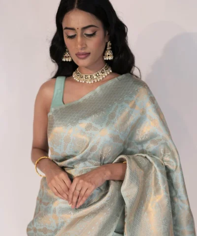 Sky Blue Banarasi Silk Saree with Gold Zari Weaves