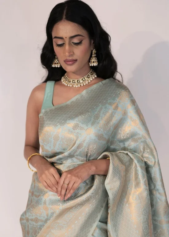 Sky Blue Banarasi Silk Saree with Gold Zari Weaves
