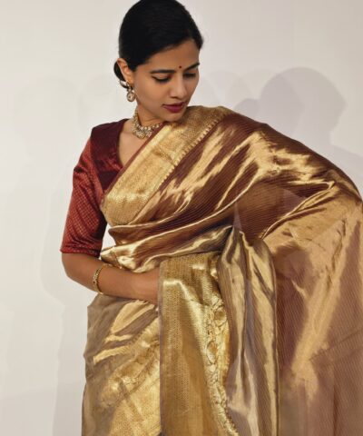 Ombre Maroon Heavy Tissue Silk Saree highlighted with Kanchi Zari Border