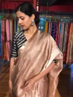Chocolate Brown Tussar tissue silk saree with Beautiful Zari border - Image 5