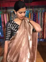 Chocolate Brown Tussar tissue silk saree with Beautiful Zari border - Image 4