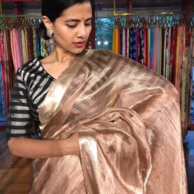 Chocolate Brown Tussar tissue silk saree with Beautiful Zari border