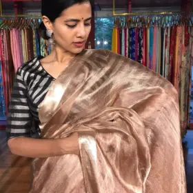 Chocolate Brown Tussar tissue silk saree with Beautiful Zari border