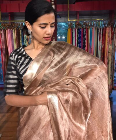 Chocolate Brown Tussar tissue silk saree with Beautiful Zari border