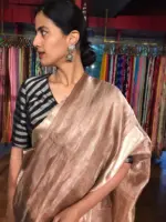Chocolate Brown Tussar tissue silk saree with Beautiful Zari border - Image 3